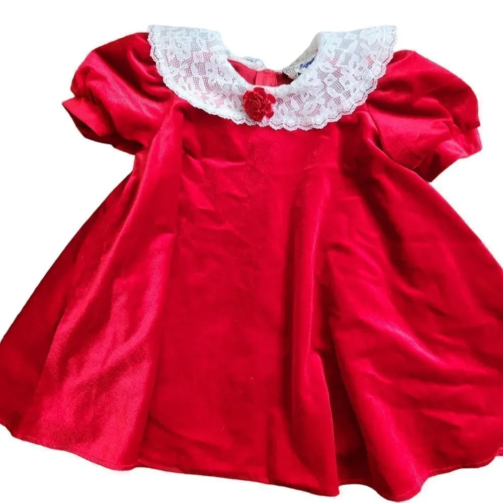 Vintage The Little Trotter Dress 6X Red Velour Lace Collar